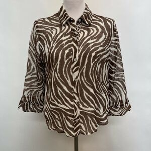 Alfred Dunner Women's Top 12 Petite Brown White Short Sleeve Animal Print